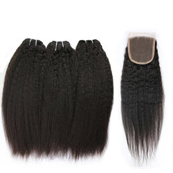 Hair Kinky Straight Human Hair 3 PCS Bundles with Lace ClosureUnprocessed Human Hair